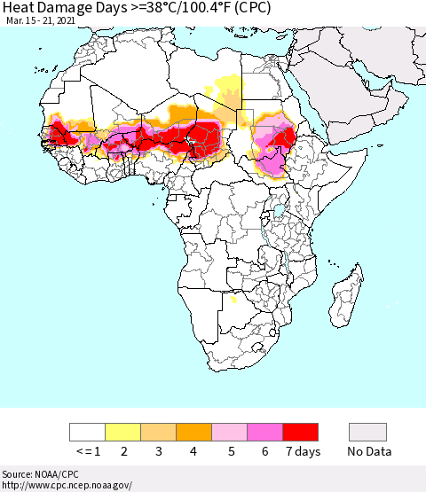 Africa Heat Damage Days >=38°C/100°F (CPC) Thematic Map For 3/15/2021 - 3/21/2021