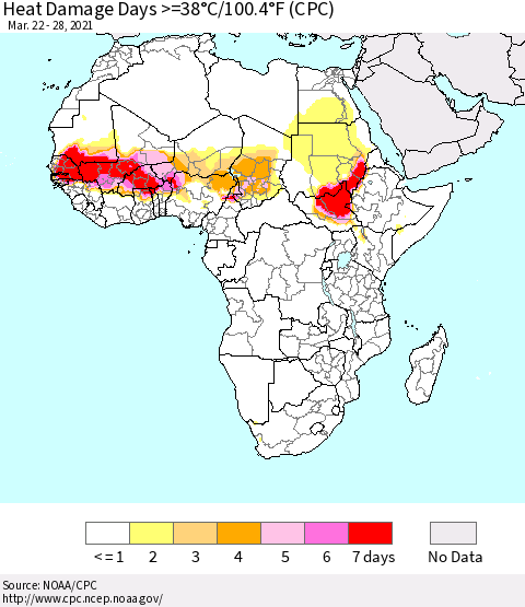 Africa Heat Damage Days >=38°C/100°F (CPC) Thematic Map For 3/22/2021 - 3/28/2021