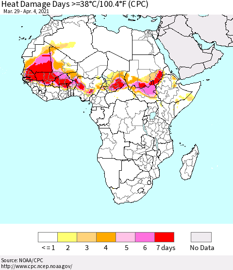 Africa Heat Damage Days >=38°C/100°F (CPC) Thematic Map For 3/29/2021 - 4/4/2021