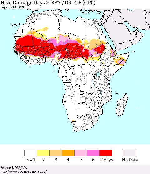 Africa Heat Damage Days >=38°C/100°F (CPC) Thematic Map For 4/5/2021 - 4/11/2021