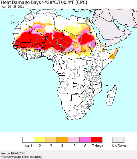 Africa Heat Damage Days >=38°C/100°F (CPC) Thematic Map For 4/19/2021 - 4/25/2021