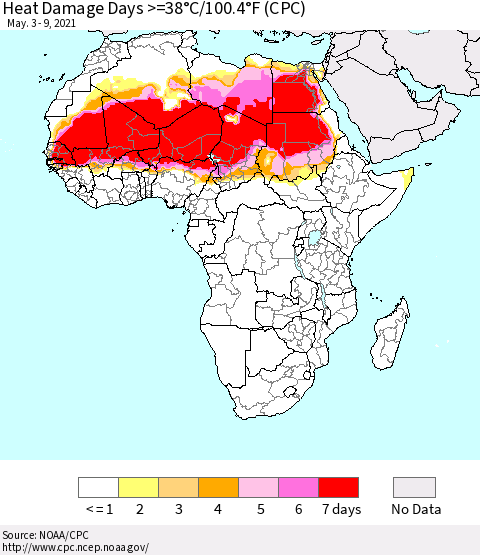 Africa Heat Damage Days >=38°C/100°F (CPC) Thematic Map For 5/3/2021 - 5/9/2021