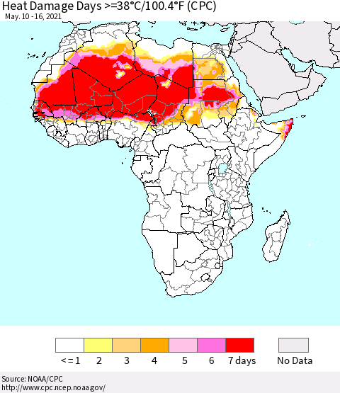 Africa Heat Damage Days >=38°C/100°F (CPC) Thematic Map For 5/10/2021 - 5/16/2021