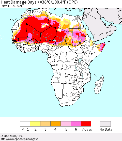 Africa Heat Damage Days >=38°C/100°F (CPC) Thematic Map For 5/17/2021 - 5/23/2021