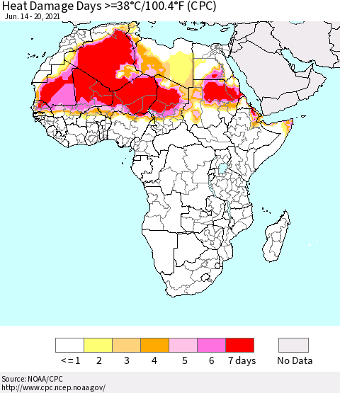 Africa Heat Damage Days >=38°C/100°F (CPC) Thematic Map For 6/14/2021 - 6/20/2021