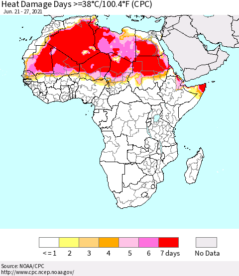 Africa Heat Damage Days >=38°C/100°F (CPC) Thematic Map For 6/21/2021 - 6/27/2021