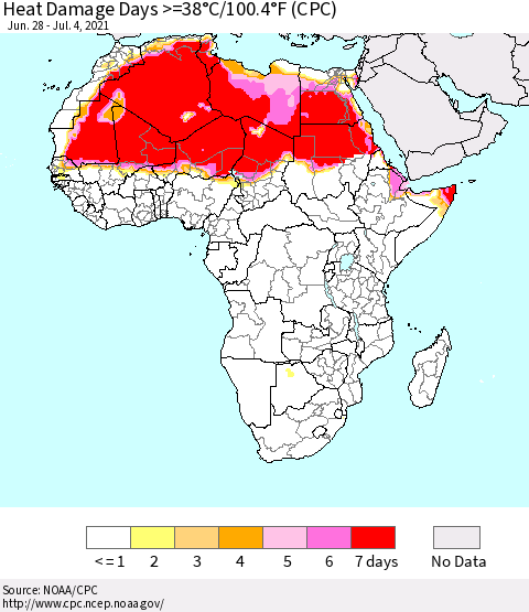 Africa Heat Damage Days >=38°C/100°F (CPC) Thematic Map For 6/28/2021 - 7/4/2021