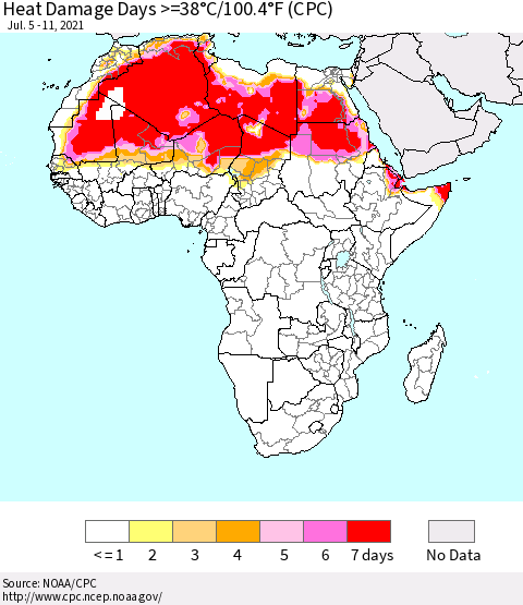 Africa Heat Damage Days >=38°C/100°F (CPC) Thematic Map For 7/5/2021 - 7/11/2021