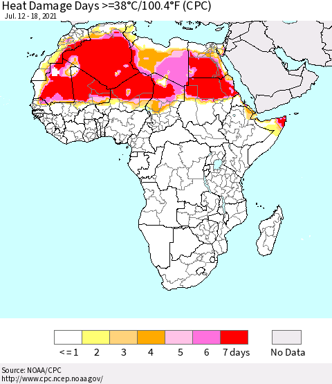 Africa Heat Damage Days >=38°C/100°F (CPC) Thematic Map For 7/12/2021 - 7/18/2021