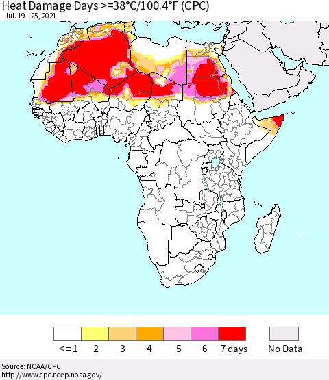 Africa Heat Damage Days >=38°C/100°F (CPC) Thematic Map For 7/19/2021 - 7/25/2021