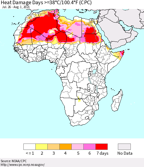 Africa Heat Damage Days >=38°C/100°F (CPC) Thematic Map For 7/26/2021 - 8/1/2021