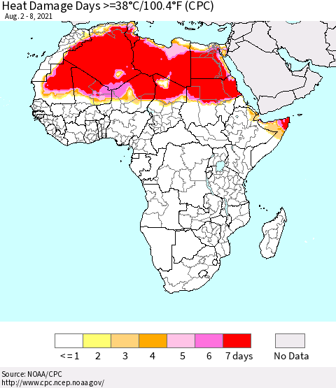 Africa Heat Damage Days >=38°C/100°F (CPC) Thematic Map For 8/2/2021 - 8/8/2021