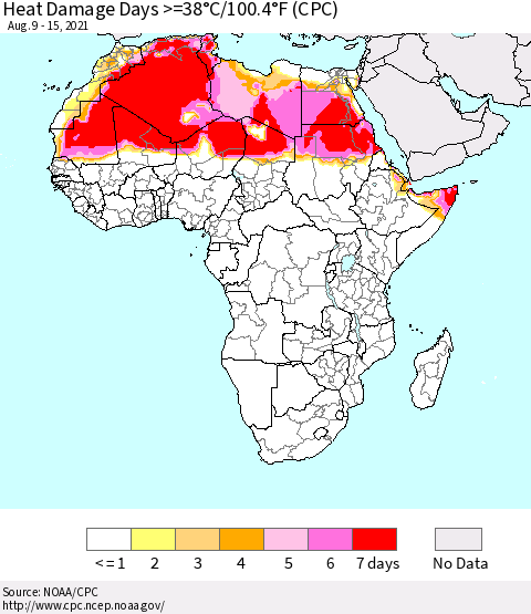 Africa Heat Damage Days >=38°C/100°F (CPC) Thematic Map For 8/9/2021 - 8/15/2021