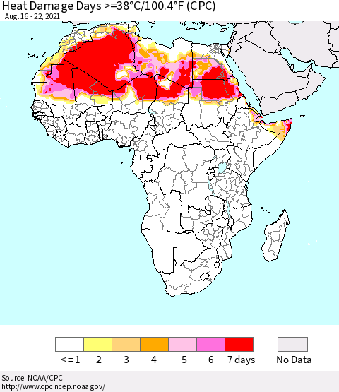 Africa Heat Damage Days >=38°C/100°F (CPC) Thematic Map For 8/16/2021 - 8/22/2021