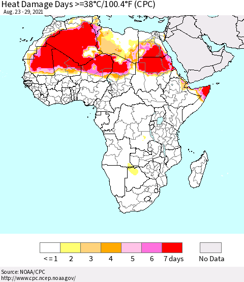 Africa Heat Damage Days >=38°C/100°F (CPC) Thematic Map For 8/23/2021 - 8/29/2021