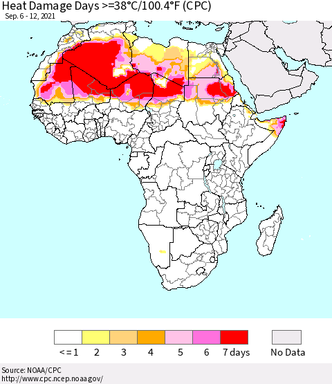 Africa Heat Damage Days >=38°C/100°F (CPC) Thematic Map For 9/6/2021 - 9/12/2021