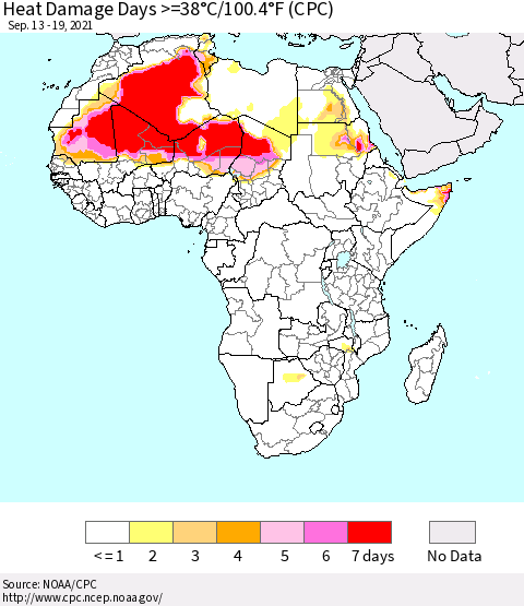 Africa Heat Damage Days >=38°C/100°F (CPC) Thematic Map For 9/13/2021 - 9/19/2021