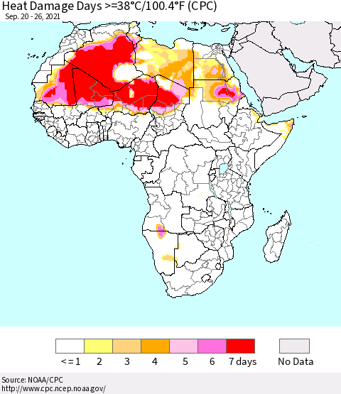 Africa Heat Damage Days >=38°C/100°F (CPC) Thematic Map For 9/20/2021 - 9/26/2021