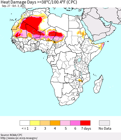 Africa Heat Damage Days >=38°C/100°F (CPC) Thematic Map For 9/27/2021 - 10/3/2021