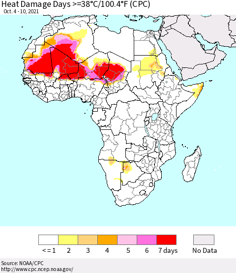 Africa Heat Damage Days >=38°C/100°F (CPC) Thematic Map For 10/4/2021 - 10/10/2021