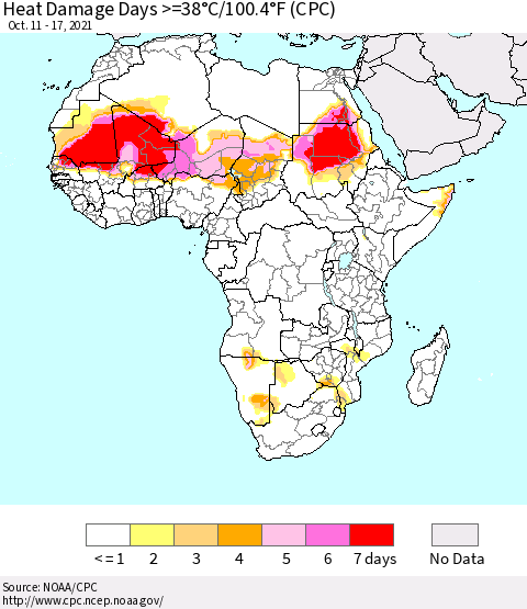 Africa Heat Damage Days >=38°C/100°F (CPC) Thematic Map For 10/11/2021 - 10/17/2021
