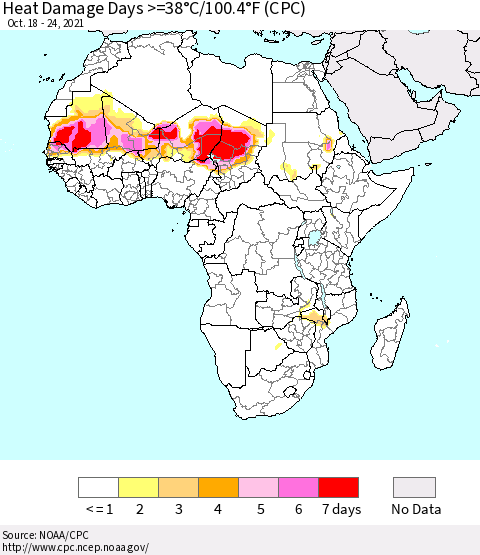 Africa Heat Damage Days >=38°C/100°F (CPC) Thematic Map For 10/18/2021 - 10/24/2021