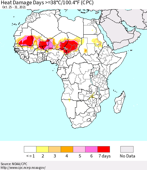 Africa Heat Damage Days >=38°C/100°F (CPC) Thematic Map For 10/25/2021 - 10/31/2021