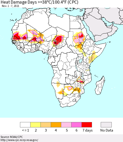 Africa Heat Damage Days >=38°C/100°F (CPC) Thematic Map For 11/1/2021 - 11/7/2021