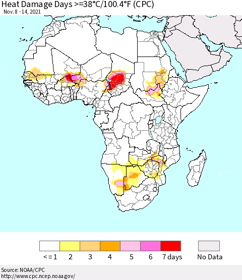 Africa Heat Damage Days >=38°C/100°F (CPC) Thematic Map For 11/8/2021 - 11/14/2021