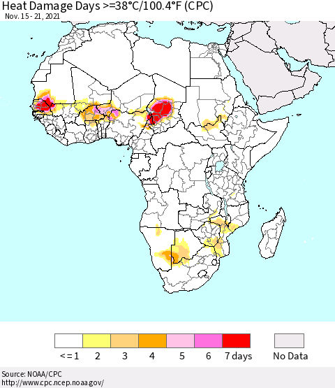 Africa Heat Damage Days >=38°C/100°F (CPC) Thematic Map For 11/15/2021 - 11/21/2021