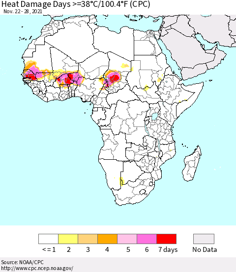 Africa Heat Damage Days >=38°C/100°F (CPC) Thematic Map For 11/22/2021 - 11/28/2021