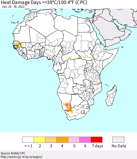 Africa Heat Damage Days >=38°C/100°F (CPC) Thematic Map For 1/24/2022 - 1/30/2022