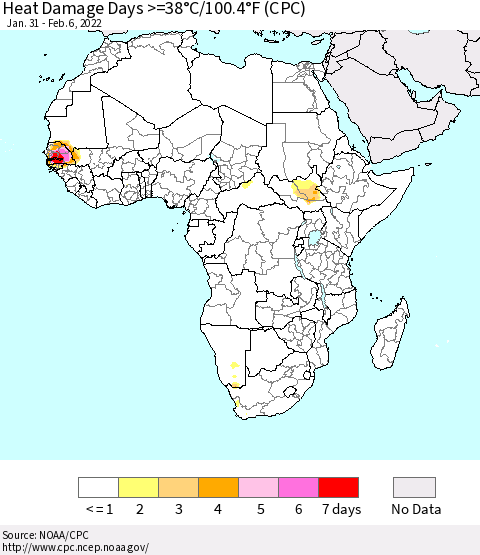 Africa Heat Damage Days >=38°C/100°F (CPC) Thematic Map For 1/31/2022 - 2/6/2022