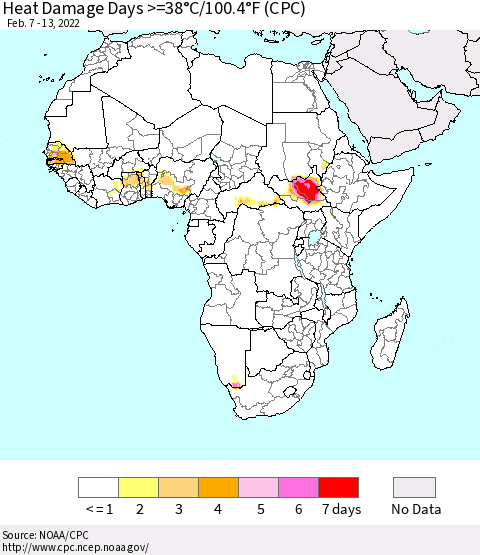 Africa Heat Damage Days >=38°C/100°F (CPC) Thematic Map For 2/7/2022 - 2/13/2022