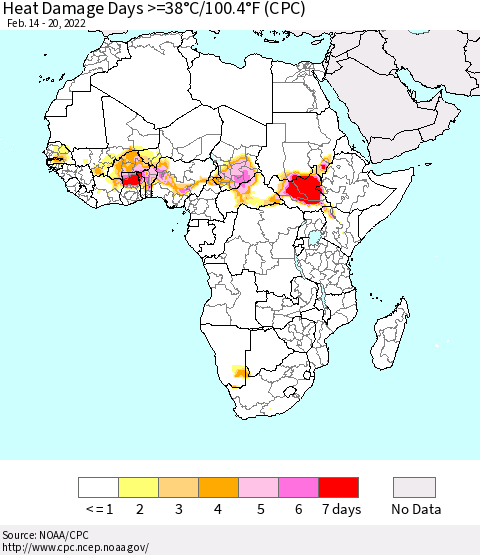 Africa Heat Damage Days >=38°C/100°F (CPC) Thematic Map For 2/14/2022 - 2/20/2022