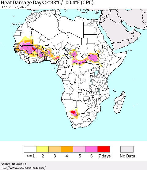 Africa Heat Damage Days >=38°C/100°F (CPC) Thematic Map For 2/21/2022 - 2/27/2022