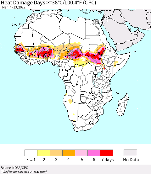 Africa Heat Damage Days >=38°C/100°F (CPC) Thematic Map For 3/7/2022 - 3/13/2022
