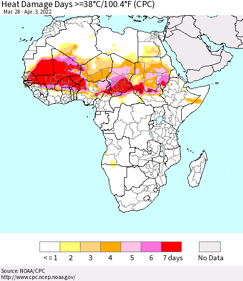 Africa Heat Damage Days >=38°C/100°F (CPC) Thematic Map For 3/28/2022 - 4/3/2022