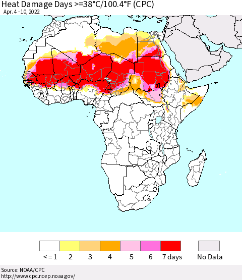 Africa Heat Damage Days >=38°C/100°F (CPC) Thematic Map For 4/4/2022 - 4/10/2022