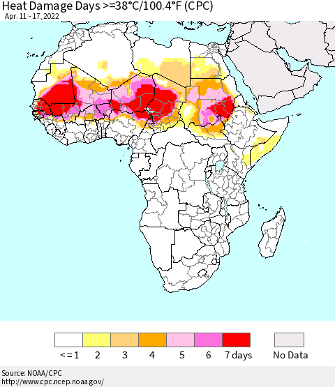 Africa Heat Damage Days >=38°C/100°F (CPC) Thematic Map For 4/11/2022 - 4/17/2022