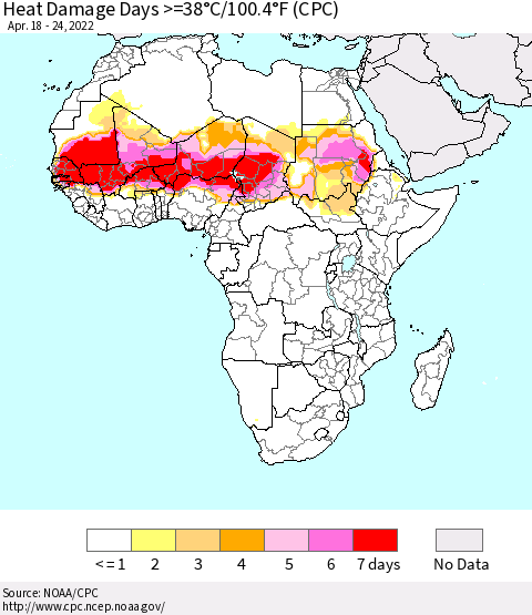 Africa Heat Damage Days >=38°C/100°F (CPC) Thematic Map For 4/18/2022 - 4/24/2022