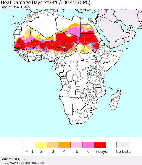 Africa Heat Damage Days >=38°C/100°F (CPC) Thematic Map For 4/25/2022 - 5/1/2022