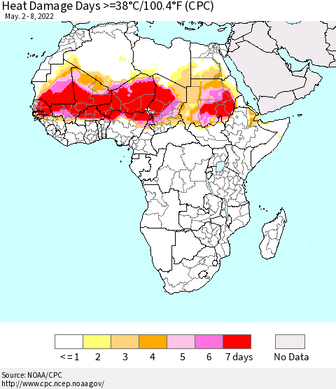 Africa Heat Damage Days >=38°C/100°F (CPC) Thematic Map For 5/2/2022 - 5/8/2022