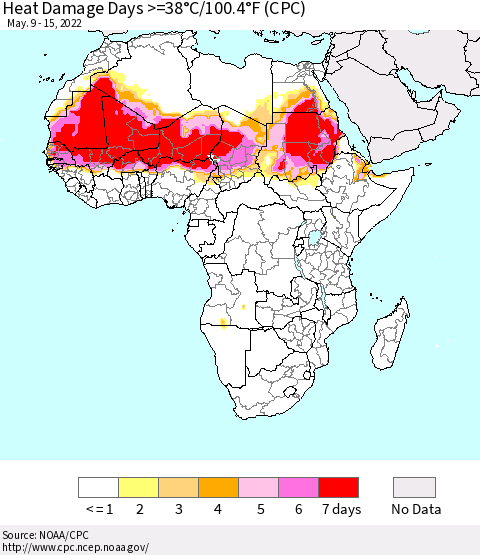 Africa Heat Damage Days >=38°C/100°F (CPC) Thematic Map For 5/9/2022 - 5/15/2022