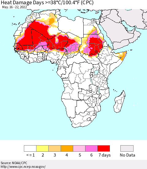 Africa Heat Damage Days >=38°C/100°F (CPC) Thematic Map For 5/16/2022 - 5/22/2022