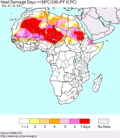 Africa Heat Damage Days >=38°C/100°F (CPC) Thematic Map For 5/23/2022 - 5/29/2022