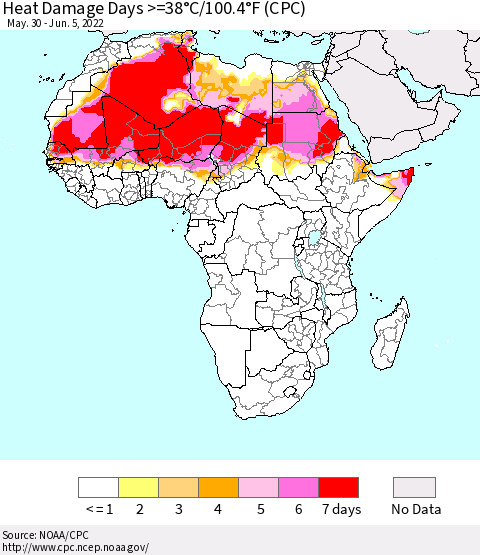 Africa Heat Damage Days >=38°C/100°F (CPC) Thematic Map For 5/30/2022 - 6/5/2022