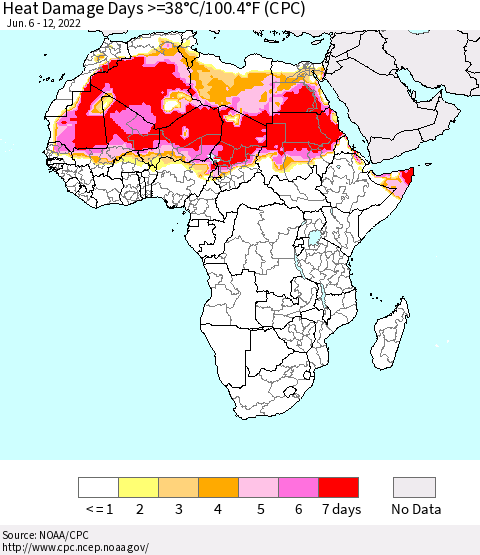 Africa Heat Damage Days >=38°C/100°F (CPC) Thematic Map For 6/6/2022 - 6/12/2022