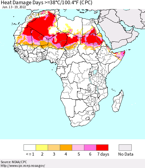 Africa Heat Damage Days >=38°C/100°F (CPC) Thematic Map For 6/13/2022 - 6/19/2022