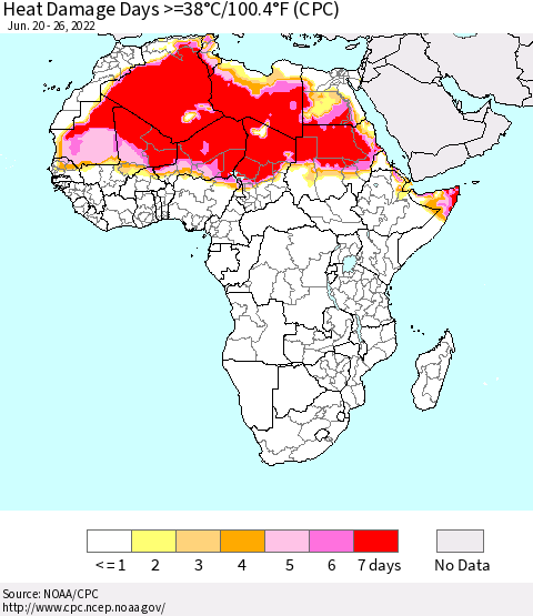 Africa Heat Damage Days >=38°C/100°F (CPC) Thematic Map For 6/20/2022 - 6/26/2022